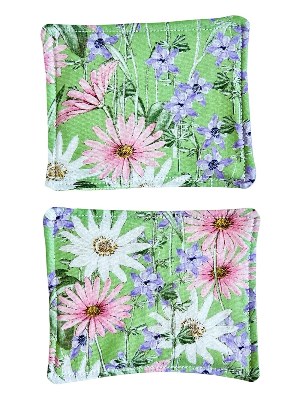 Hand Crafted Wildflowers Purple Green Floral Quilted Coaster Mug Rug Cotton